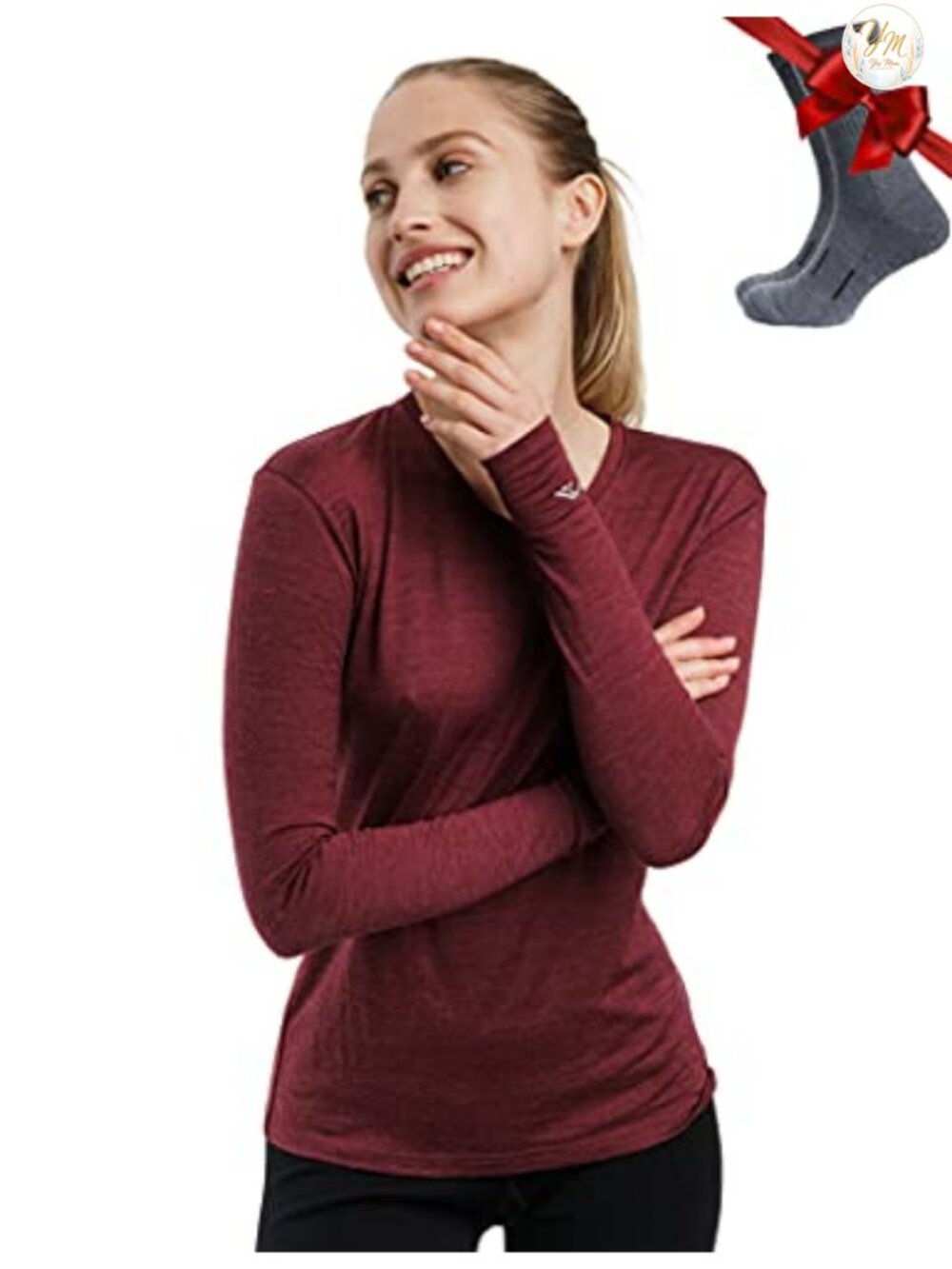 100% Merino Wool Base Layer Women Long Sleeve Thermal Shirt with Socks
